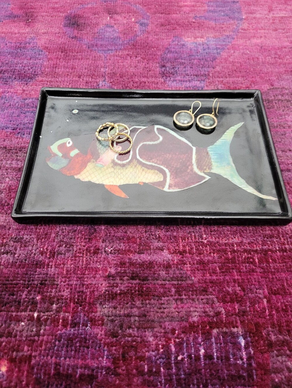 Fabienne Jouvin Paris Tray "Rainbow Fish" By Tozai Home Black Porcelain Designer